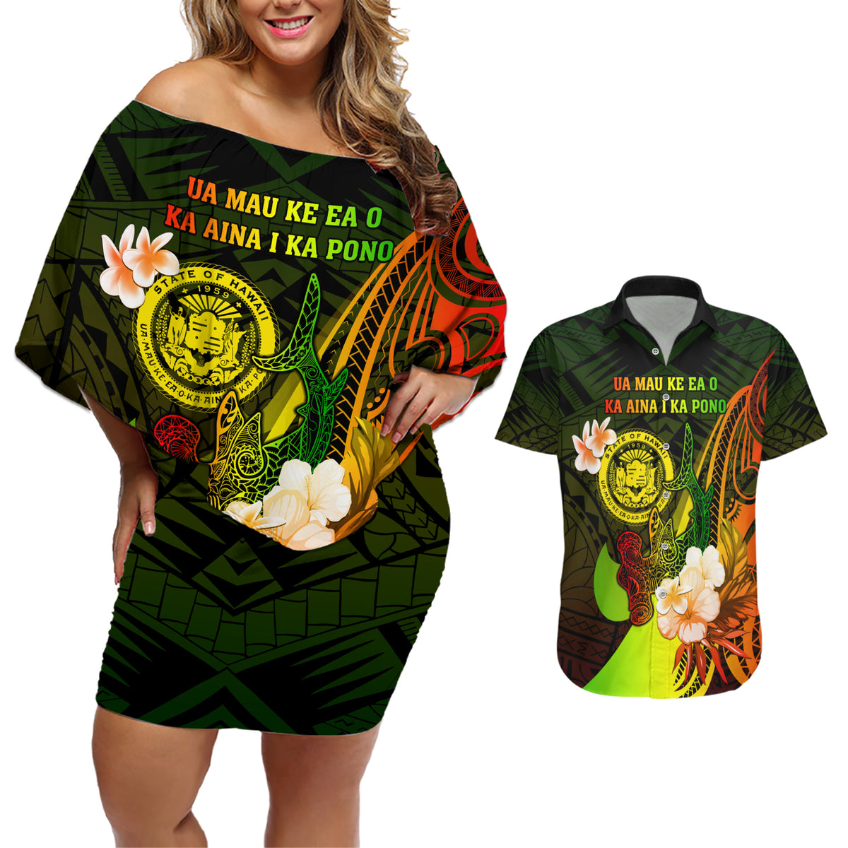 Personalised Hawaii State Motto Couples Matching Off Shoulder Short Dress and Hawaiian Shirt Hawaiian Tribal Reggae Hammerhead Shark LT05 Reggae - Polynesian Pride