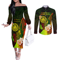 Personalised Hawaii State Motto Couples Matching Off The Shoulder Long Sleeve Dress and Long Sleeve Button Shirt Hawaiian Tribal Reggae Hammerhead Shark LT05 Reggae - Polynesian Pride