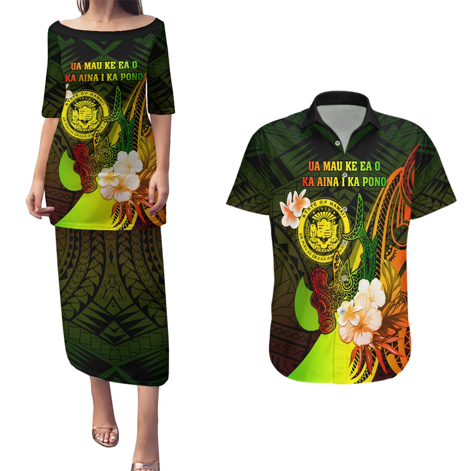 Personalised Hawaii State Motto Couples Matching Puletasi and Hawaiian Shirt Hawaiian Tribal Reggae Hammerhead Shark LT05 Reggae - Polynesian Pride