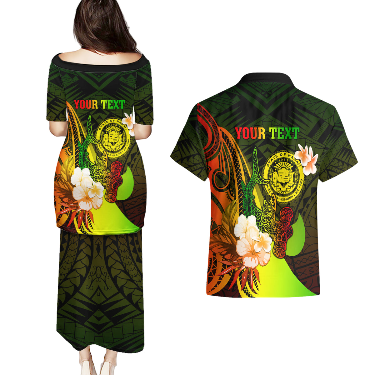 Personalised Hawaii State Motto Couples Matching Puletasi and Hawaiian Shirt Hawaiian Tribal Reggae Hammerhead Shark LT05 - Polynesian Pride
