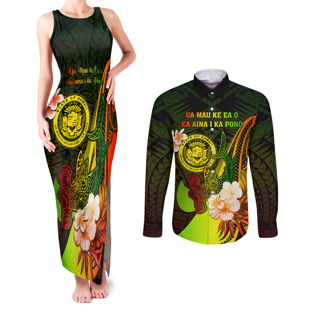 Personalised Hawaii State Motto Couples Matching Tank Maxi Dress and Long Sleeve Button Shirt Hawaiian Tribal Reggae Hammerhead Shark LT05 Reggae - Polynesian Pride