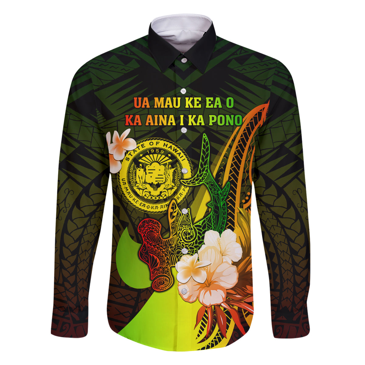 Personalised Hawaii State Motto Family Matching Off Shoulder Short Dress and Hawaiian Shirt Hawaiian Tribal Reggae Hammerhead Shark LT05 Dad's Shirt - Long Sleeve Reggae - Polynesian Pride
