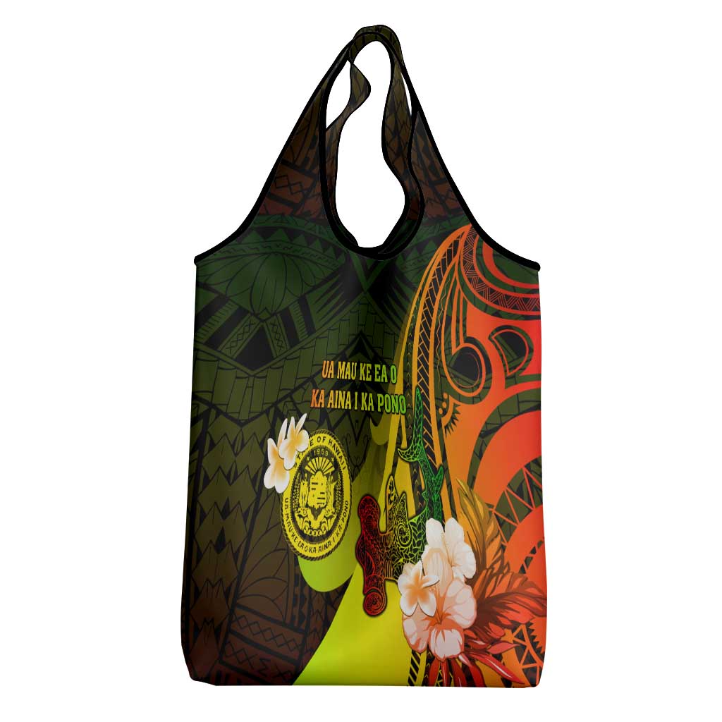 Hawaii State Motto Grocery Bag Hawaiian Tribal Reggae Hammerhead Shark