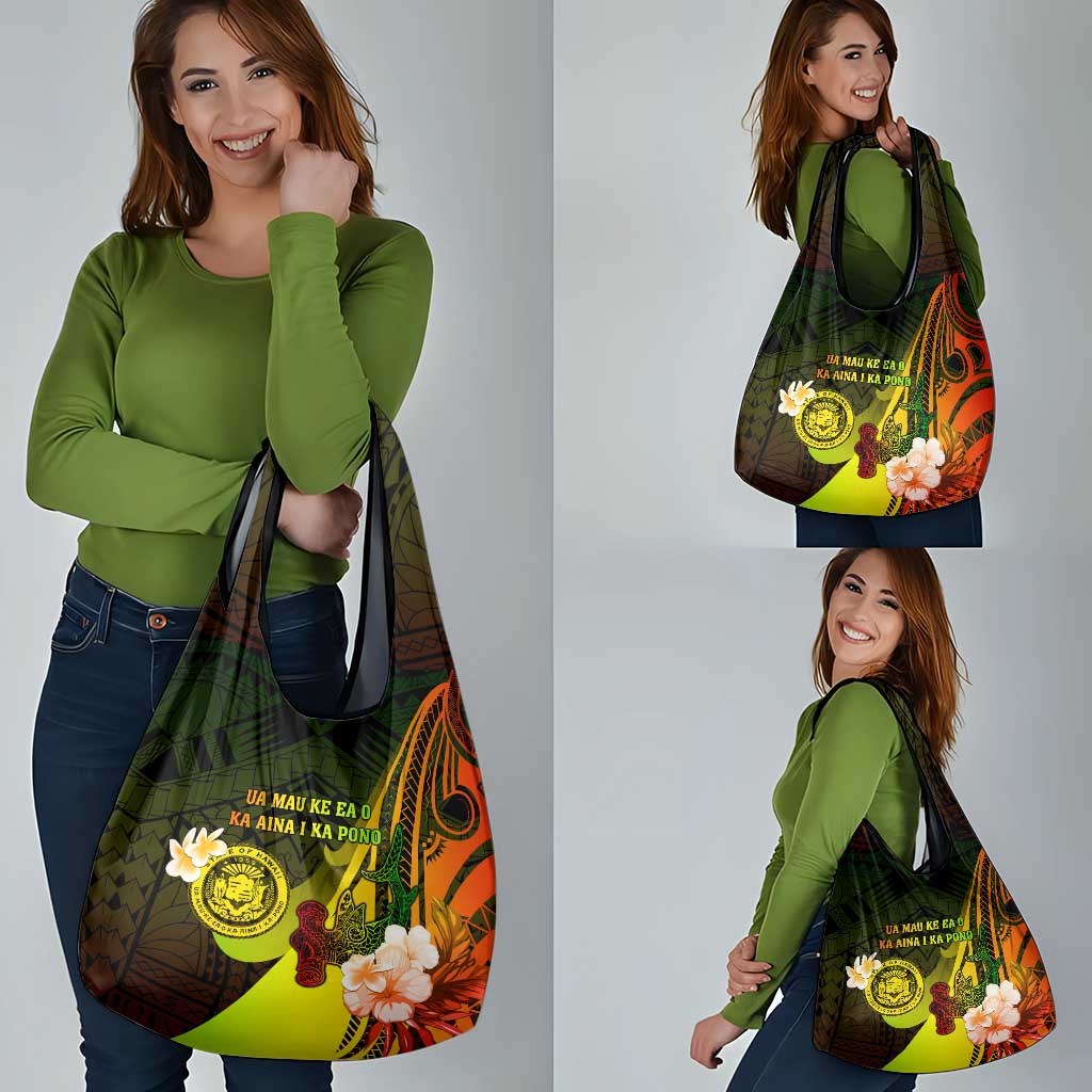 Hawaii State Motto Grocery Bag Hawaiian Tribal Reggae Hammerhead Shark