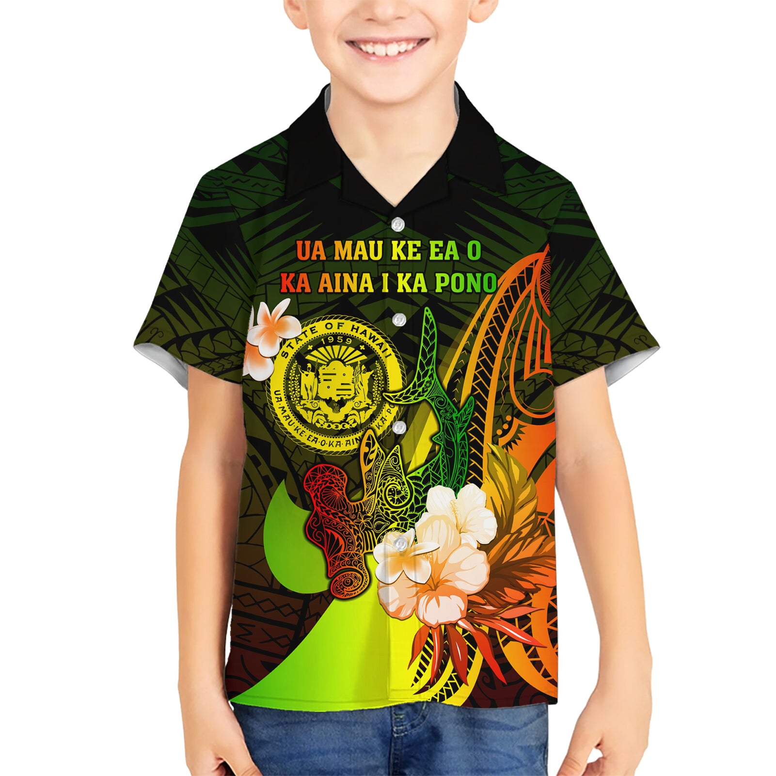 Personalised Hawaii State Motto Kid Hawaiian Shirt Hawaiian Tribal Reggae Hammerhead Shark LT05 Kid Reggae - Polynesian Pride