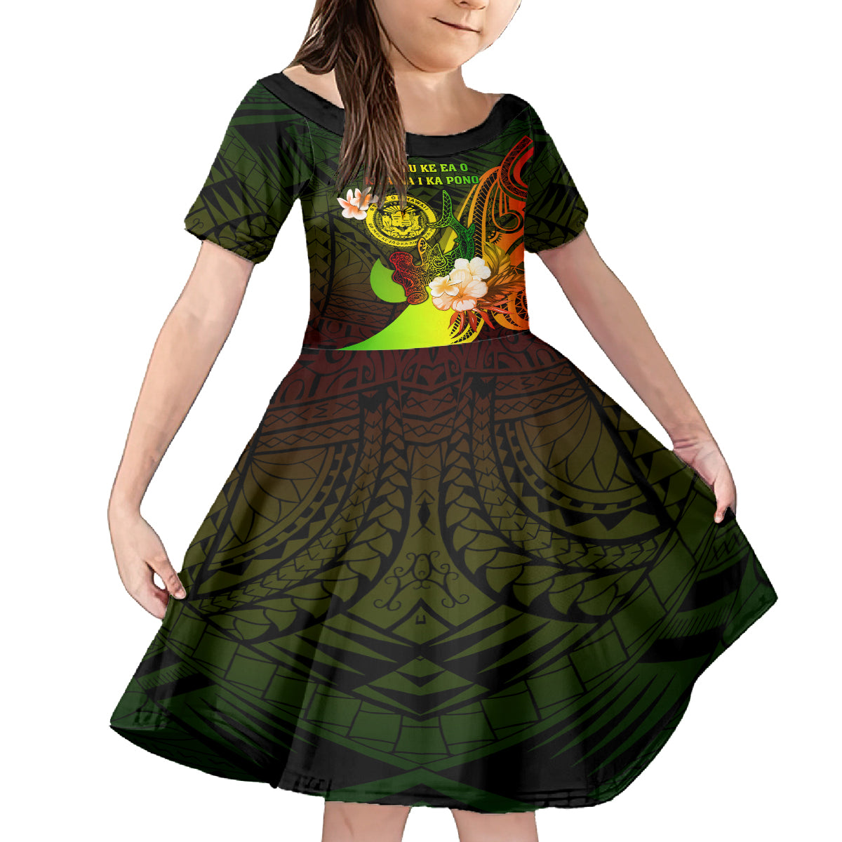 Personalised Hawaii State Motto Kid Short Sleeve Dress Hawaiian Tribal Reggae Hammerhead Shark LT05 KID Reggae - Polynesian Pride