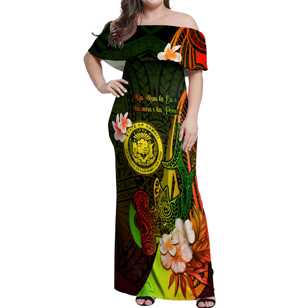 Personalised Hawaii State Motto Off Shoulder Maxi Dress Hawaiian Tribal Reggae Hammerhead Shark LT05 Women Reggae - Polynesian Pride