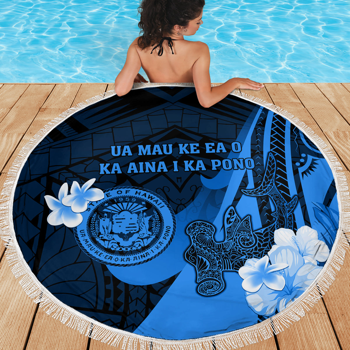 Hawaii State Motto Beach Blanket Hawaiian Tribal Blue Hammerhead Shark LT05 - Polynesian Pride