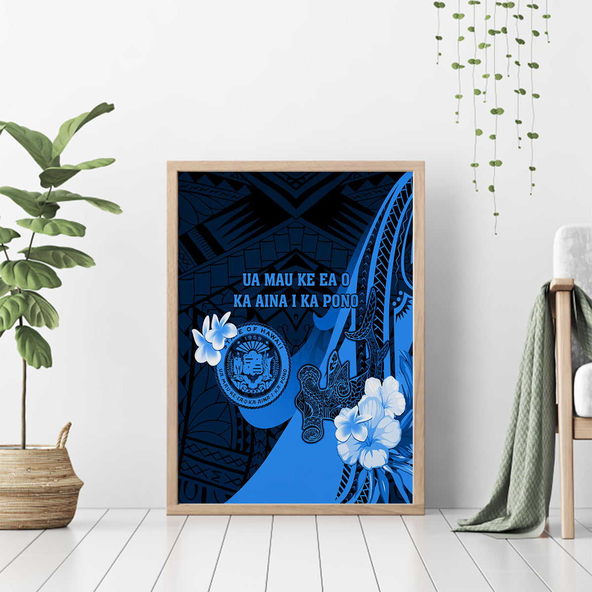 Hawaii State Motto Canvas Wall Art Hawaiian Tribal Blue Hammerhead Shark LT05 - Polynesian Pride