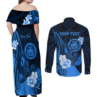 Personalised Hawaii State Motto Couples Matching Off Shoulder Maxi Dress and Long Sleeve Button Shirt Hawaiian Tribal Blue Hammerhead Shark LT05 - Polynesian Pride