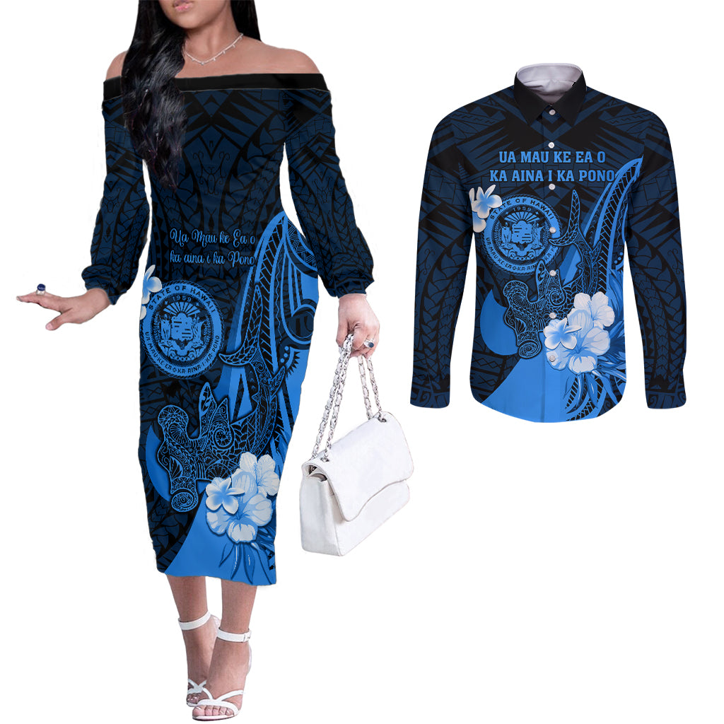 Personalised Hawaii State Motto Couples Matching Off The Shoulder Long Sleeve Dress and Long Sleeve Button Shirt Hawaiian Tribal Blue Hammerhead Shark LT05 Blue - Polynesian Pride