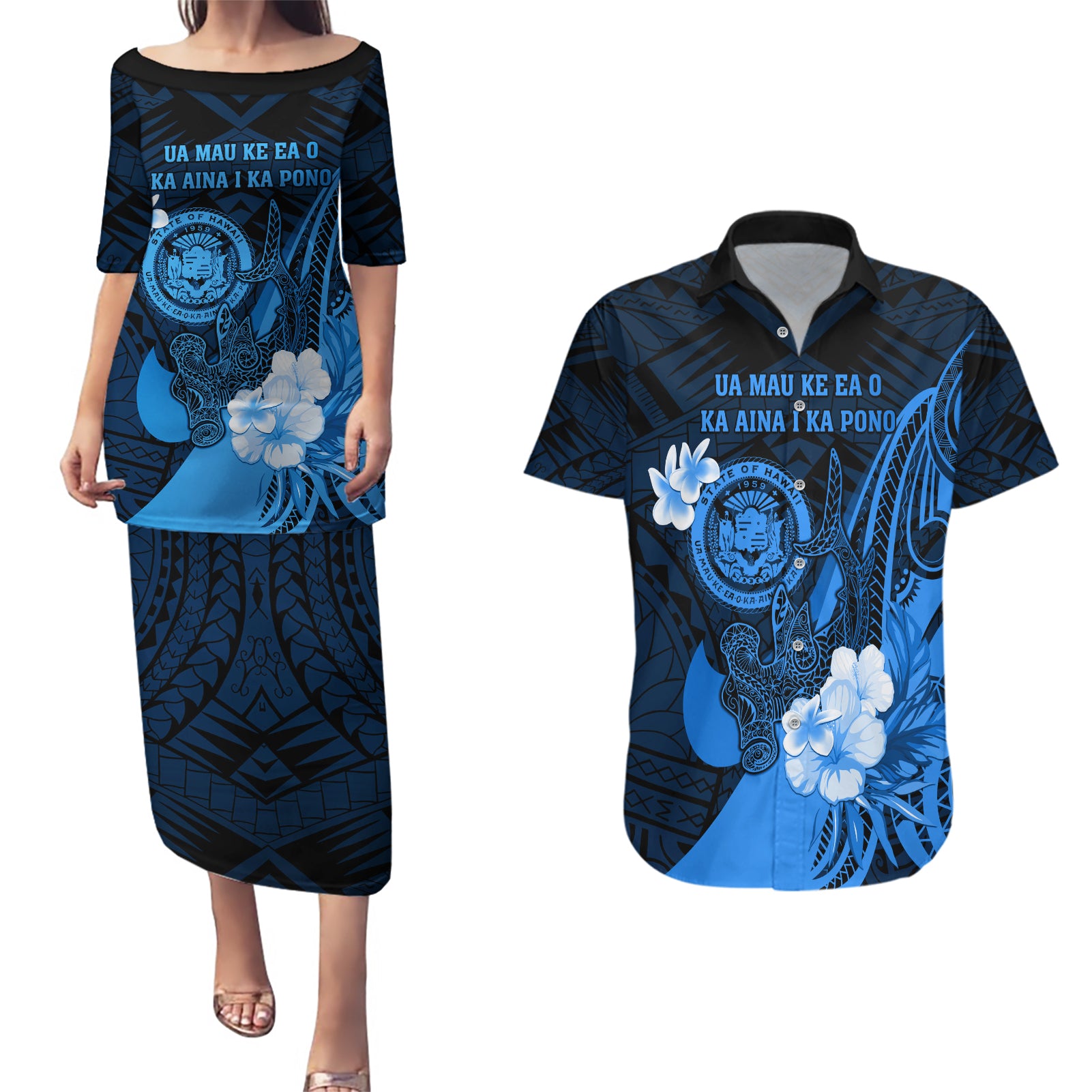 Personalised Hawaii State Motto Couples Matching Puletasi and Hawaiian Shirt Hawaiian Tribal Blue Hammerhead Shark LT05 Blue - Polynesian Pride