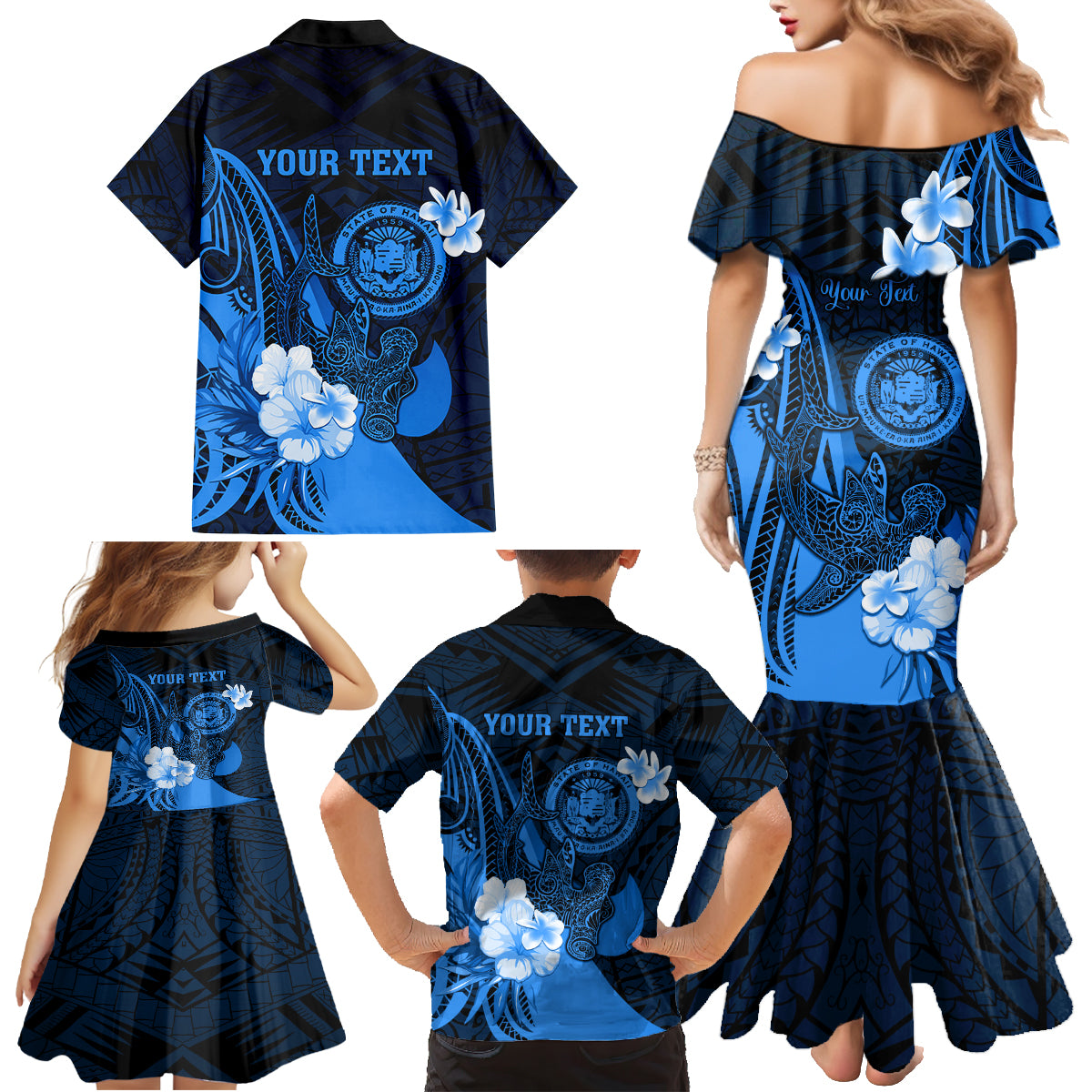 Personalised Hawaii State Motto Family Matching Mermaid Dress and Hawaiian Shirt Hawaiian Tribal Blue Hammerhead Shark LT05 - Polynesian Pride