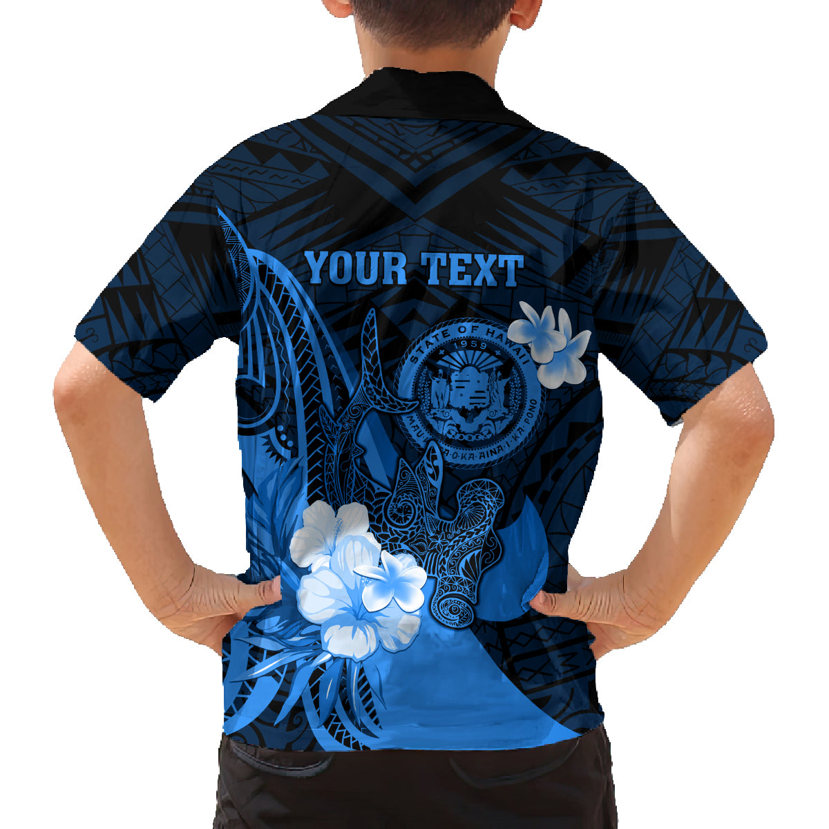 Personalised Hawaii State Motto Family Matching Puletasi and Hawaiian Shirt Hawaiian Tribal Blue Hammerhead Shark LT05 - Polynesian Pride
