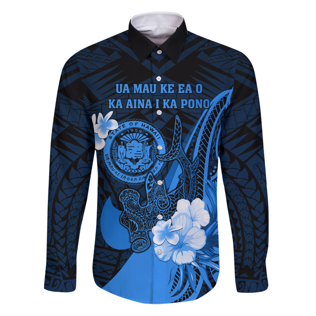 Personalised Hawaii State Motto Family Matching Puletasi and Hawaiian Shirt Hawaiian Tribal Blue Hammerhead Shark LT05 Dad's Shirt - Long Sleeve Blue - Polynesian Pride