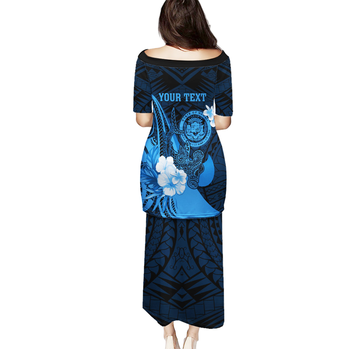 Personalised Hawaii State Motto Family Matching Puletasi and Hawaiian Shirt Hawaiian Tribal Blue Hammerhead Shark LT05 - Polynesian Pride