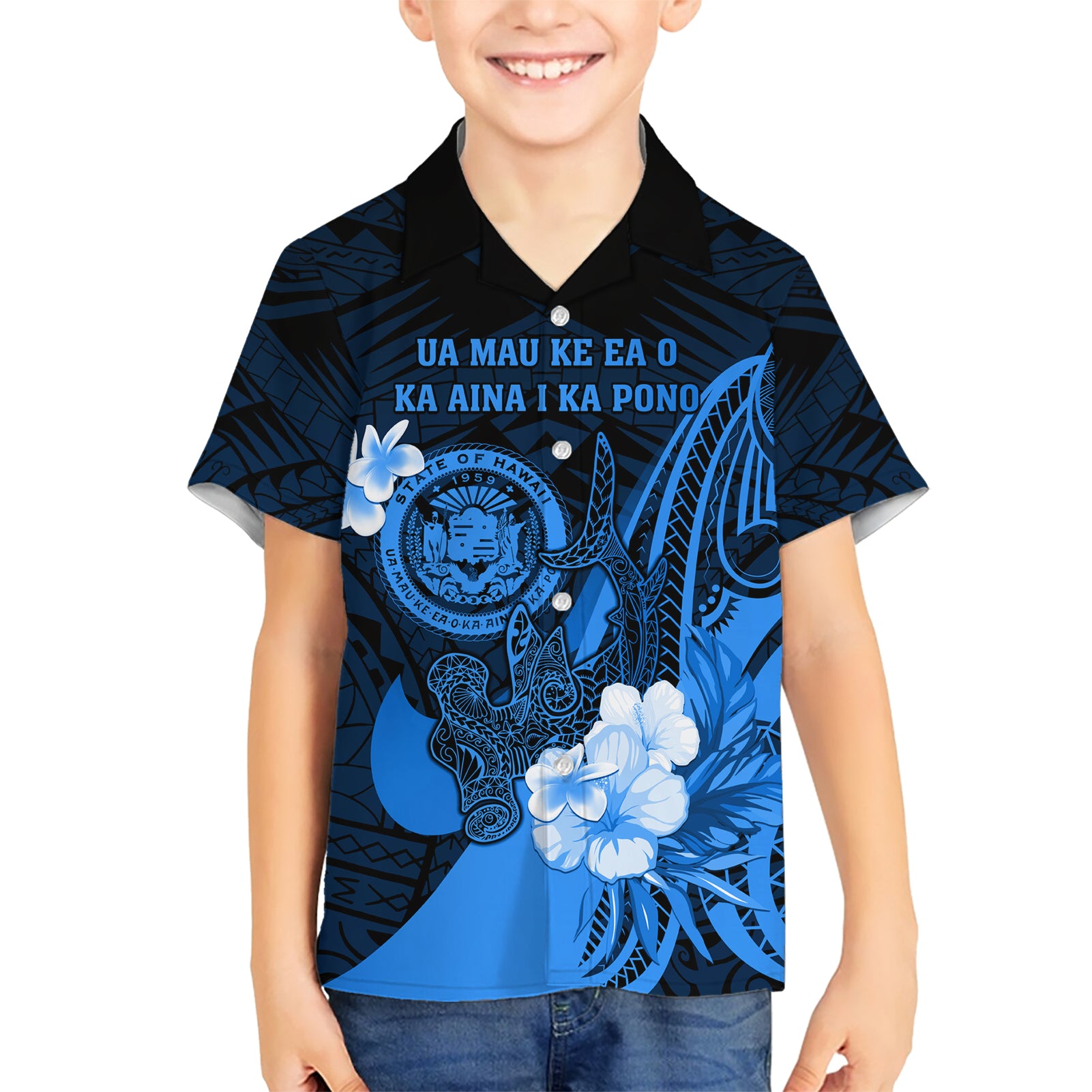 Personalised Hawaii State Motto Kid Hawaiian Shirt Hawaiian Tribal Blue Hammerhead Shark LT05 Kid Blue - Polynesian Pride