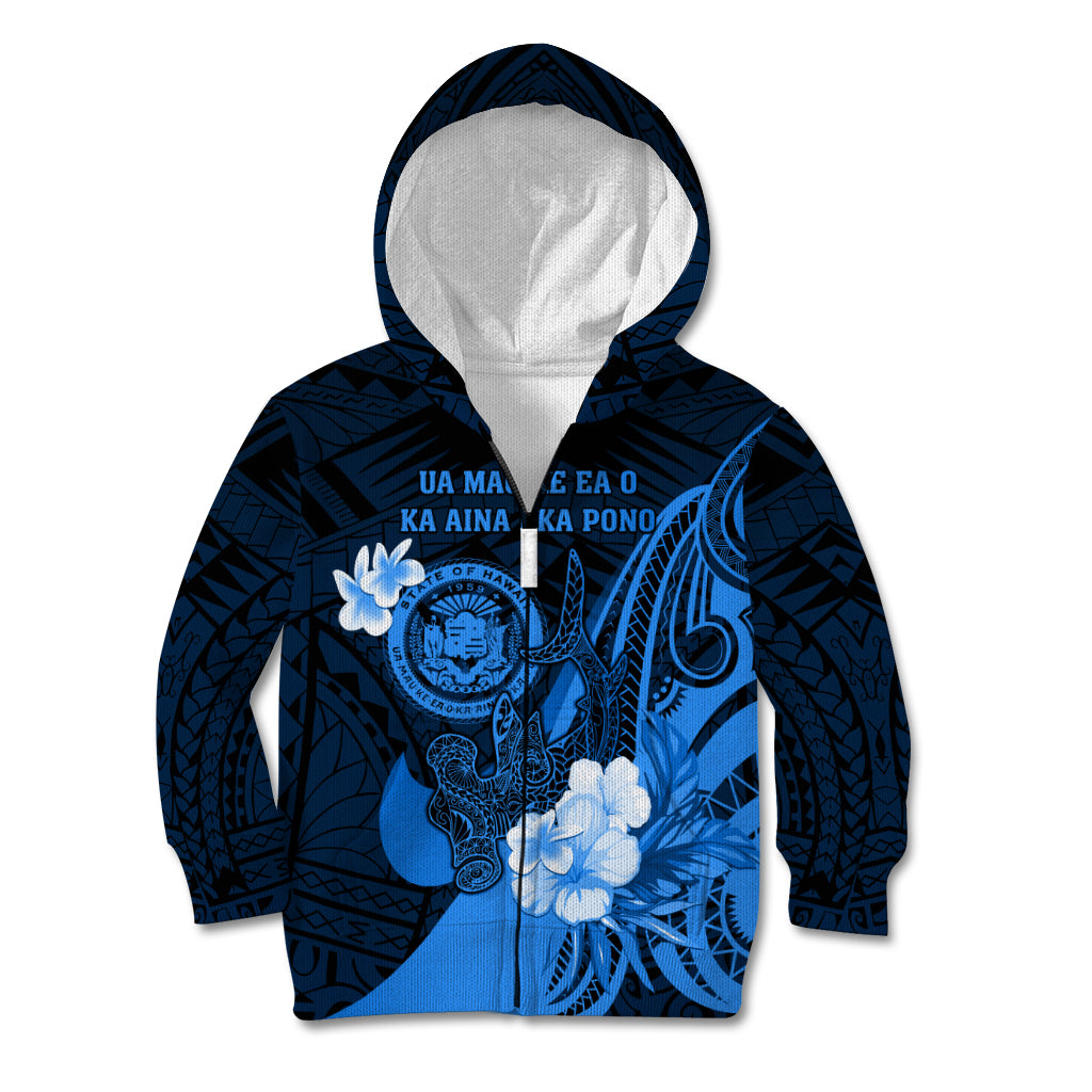 Personalised Hawaii State Motto Kid Hoodie Hawaiian Tribal Blue Hammerhead Shark LT05 Zip Hoodie Blue - Polynesian Pride