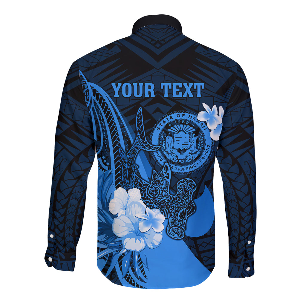 Personalised Hawaii State Motto Long Sleeve Button Shirt Hawaiian Tribal Blue Hammerhead Shark LT05 - Polynesian Pride