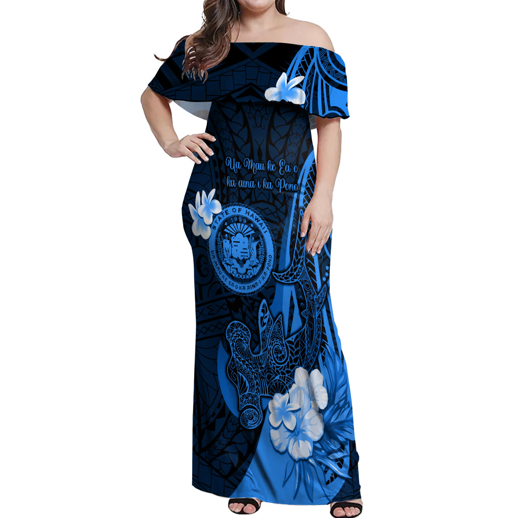 Personalised Hawaii State Motto Off Shoulder Maxi Dress Hawaiian Tribal Blue Hammerhead Shark LT05 Women Blue - Polynesian Pride