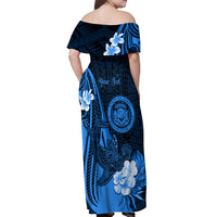 Personalised Hawaii State Motto Off Shoulder Maxi Dress Hawaiian Tribal Blue Hammerhead Shark LT05 - Polynesian Pride