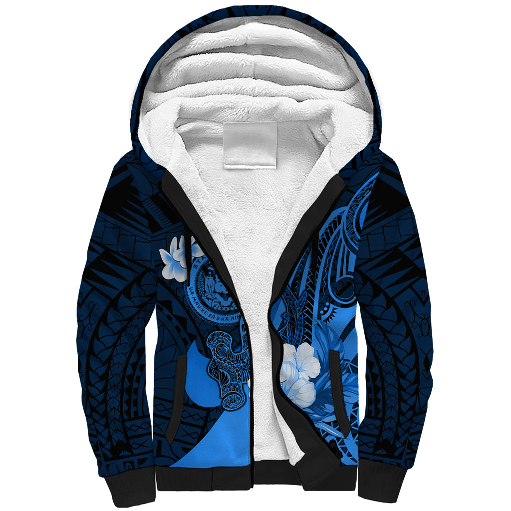 Personalised Hawaii State Motto Sherpa Hoodie Hawaiian Tribal Blue Hammerhead Shark LT05 Unisex Blue - Polynesian Pride