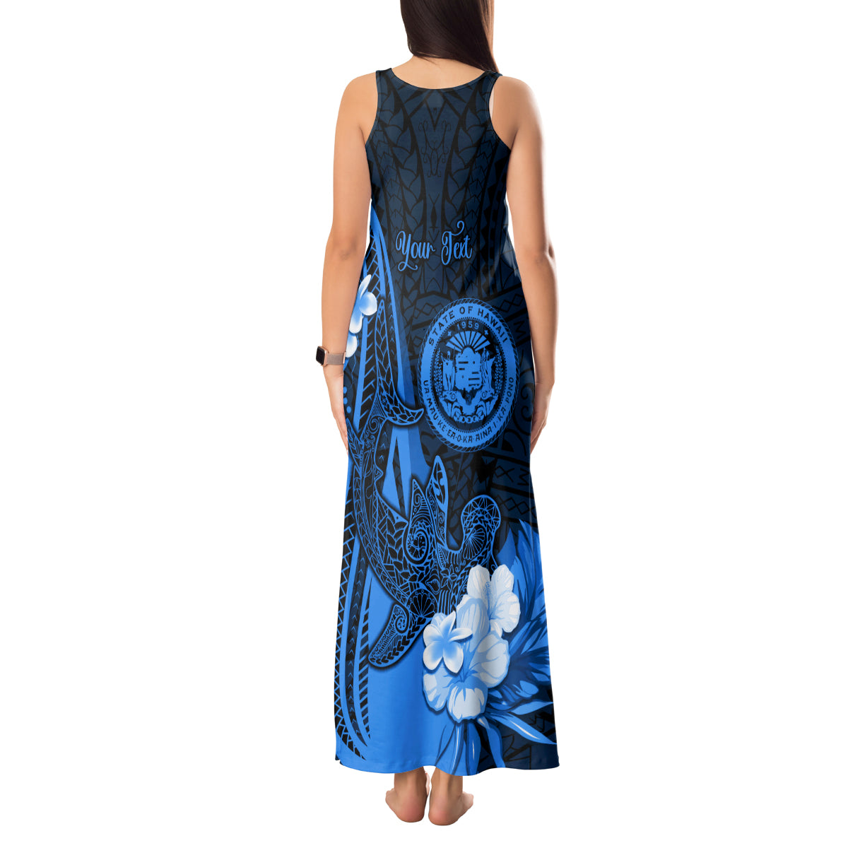 Personalised Hawaii State Motto Tank Maxi Dress Hawaiian Tribal Blue Hammerhead Shark LT05 - Polynesian Pride