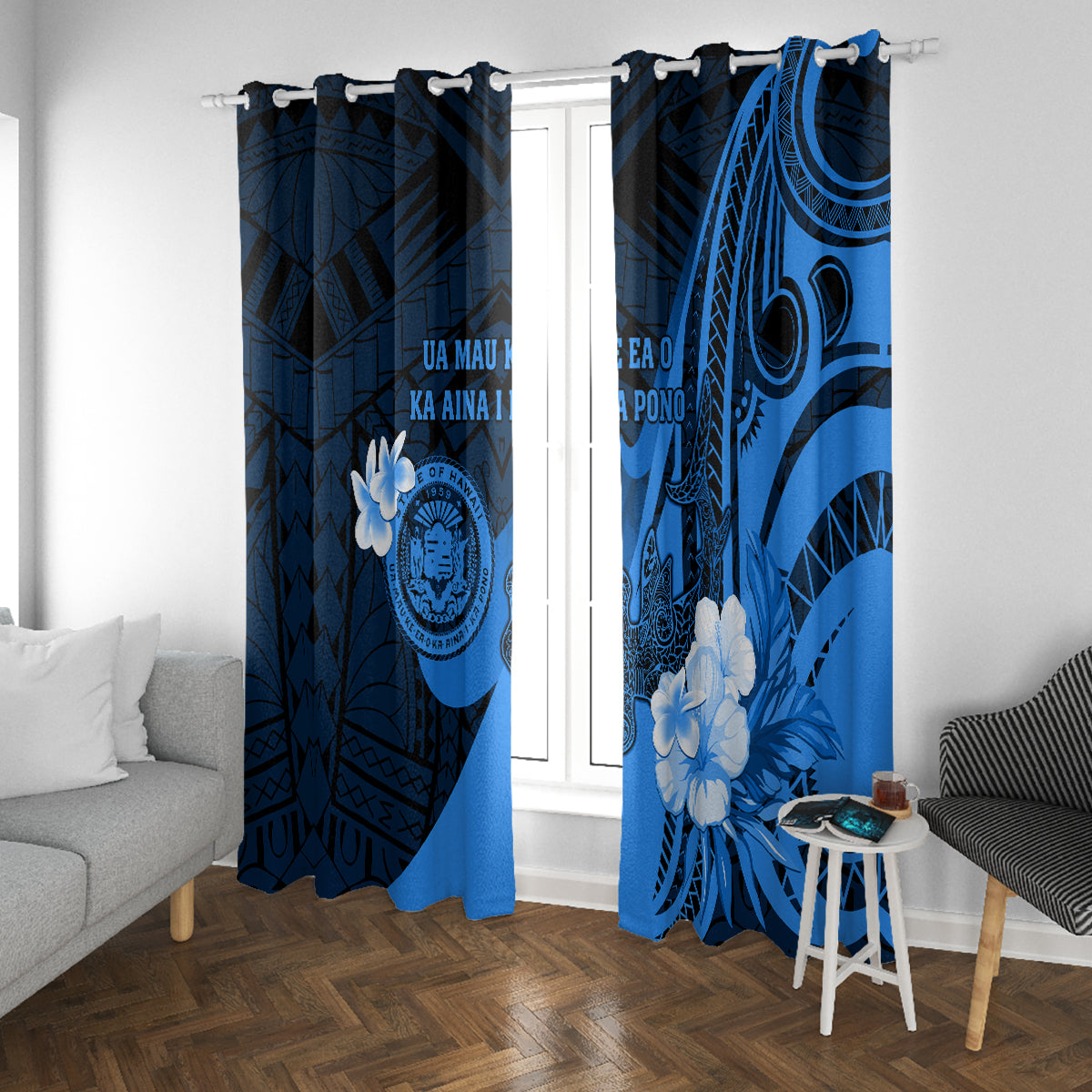 Hawaii State Motto Window Curtain Hawaiian Tribal Blue Hammerhead Shark LT05 With Grommets Blue - Polynesian Pride