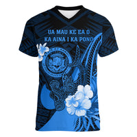 Personalised Hawaii State Motto Women V Neck T Shirt Hawaiian Tribal Blue Hammerhead Shark LT05 Female Blue - Polynesian Pride