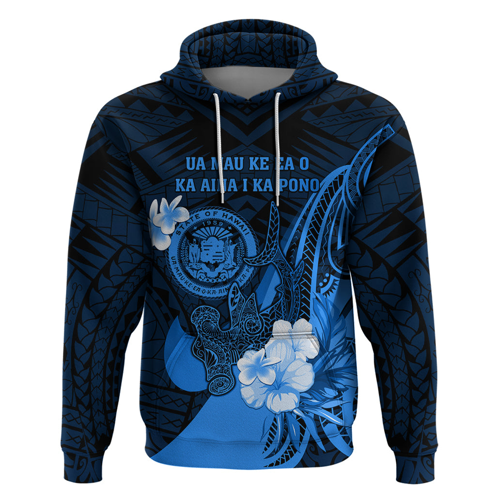 Personalised Hawaii State Motto Zip Hoodie Hawaiian Tribal Blue Hammerhead Shark LT05 Pullover Hoodie Blue - Polynesian Pride