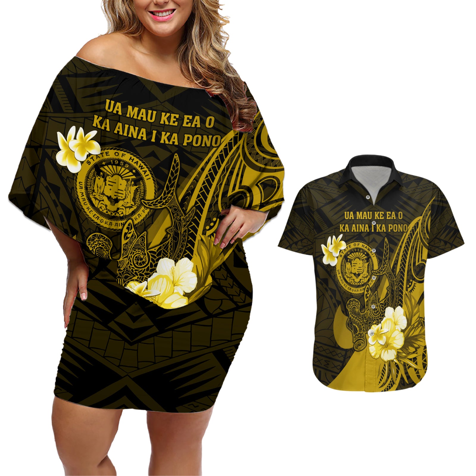Personalised Hawaii State Motto Couples Matching Off Shoulder Short Dress and Hawaiian Shirt Hawaiian Tribal Gold Hammerhead Shark LT05 Gold - Polynesian Pride