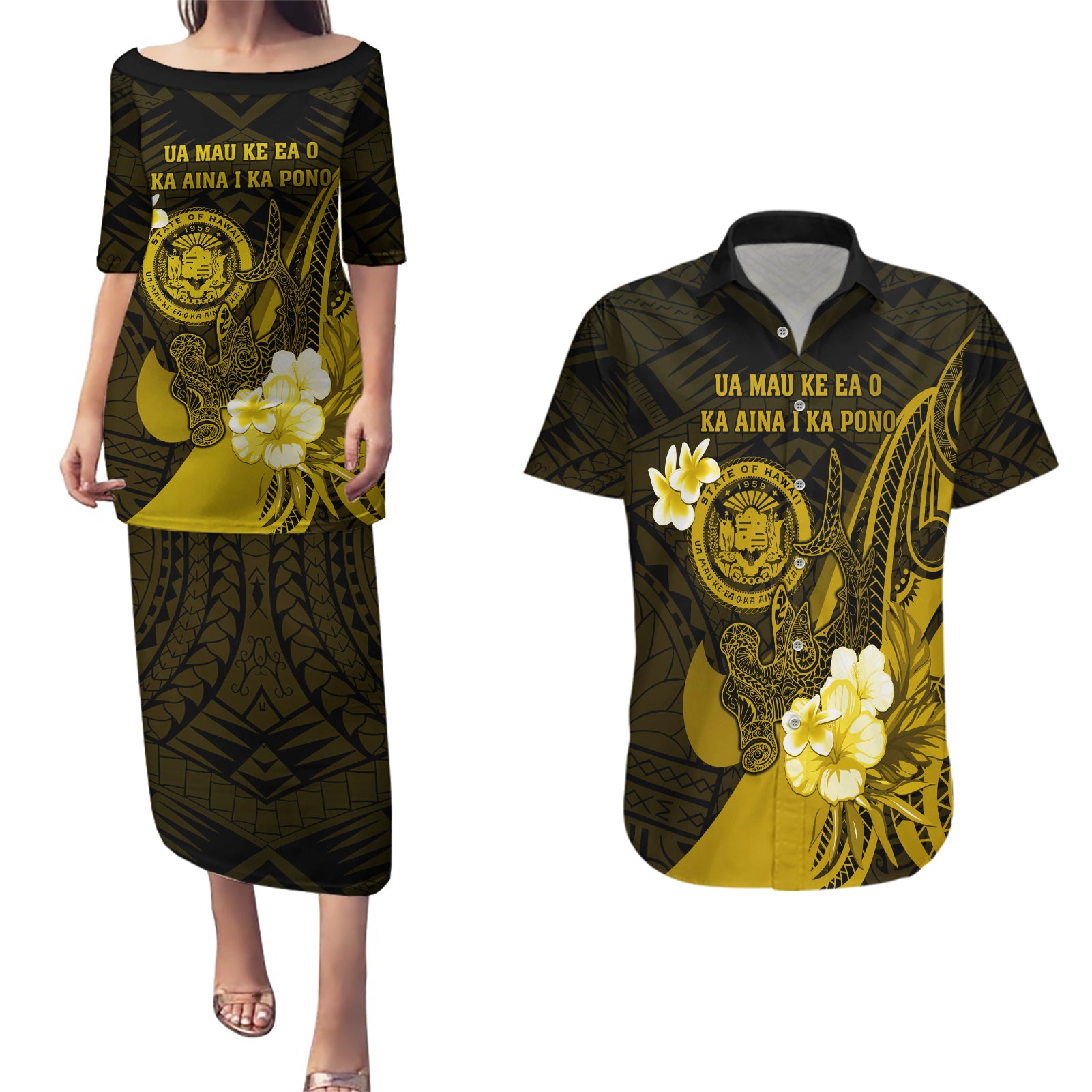 Personalised Hawaii State Motto Couples Matching Puletasi and Hawaiian Shirt Hawaiian Tribal Gold Hammerhead Shark LT05 Gold - Polynesian Pride
