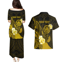 Personalised Hawaii State Motto Couples Matching Puletasi and Hawaiian Shirt Hawaiian Tribal Gold Hammerhead Shark LT05 - Polynesian Pride