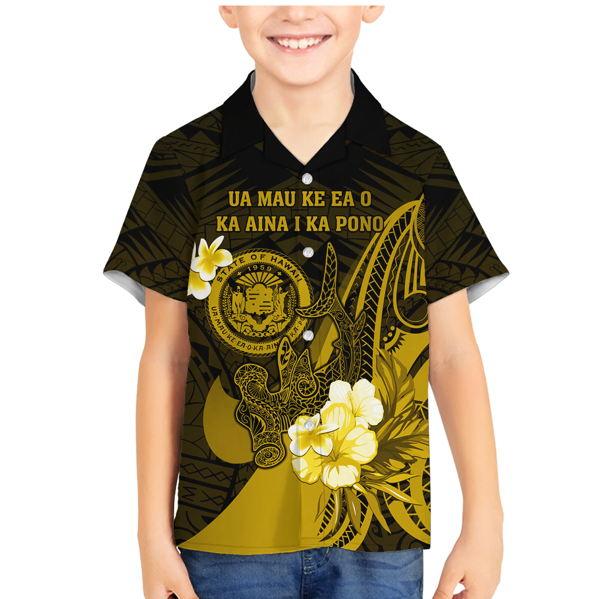 Personalised Hawaii State Motto Family Matching Mermaid Dress and Hawaiian Shirt Hawaiian Tribal Gold Hammerhead Shark LT05 Son's Shirt Gold - Polynesian Pride