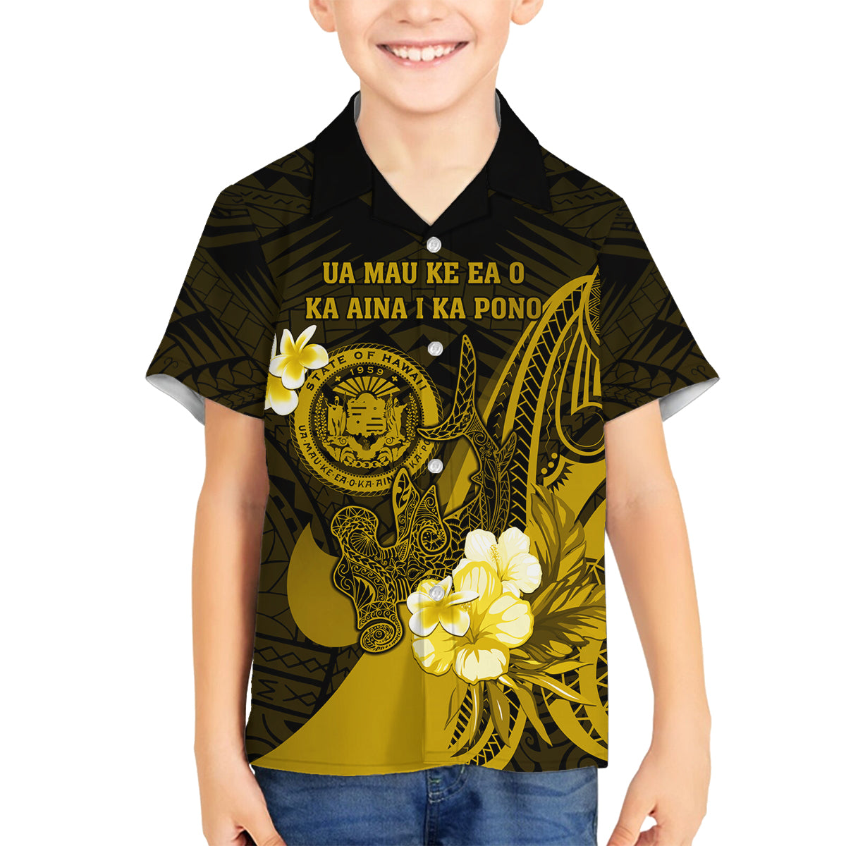 Personalised Hawaii State Motto Family Matching Summer Maxi Dress and Hawaiian Shirt Hawaiian Tribal Gold Hammerhead Shark LT05 Son's Shirt Gold - Polynesian Pride
