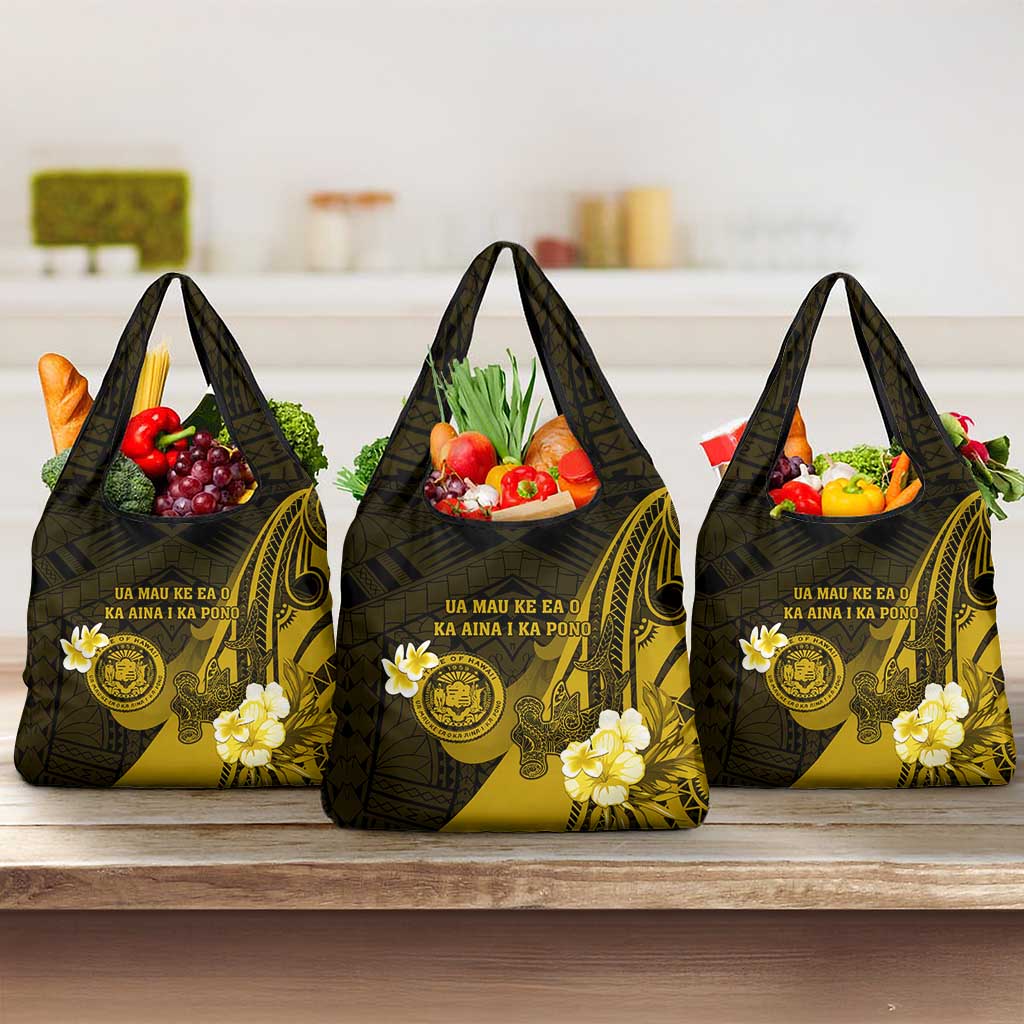 Hawaii State Motto Grocery Bag Hawaiian Tribal Gold Hammerhead Shark