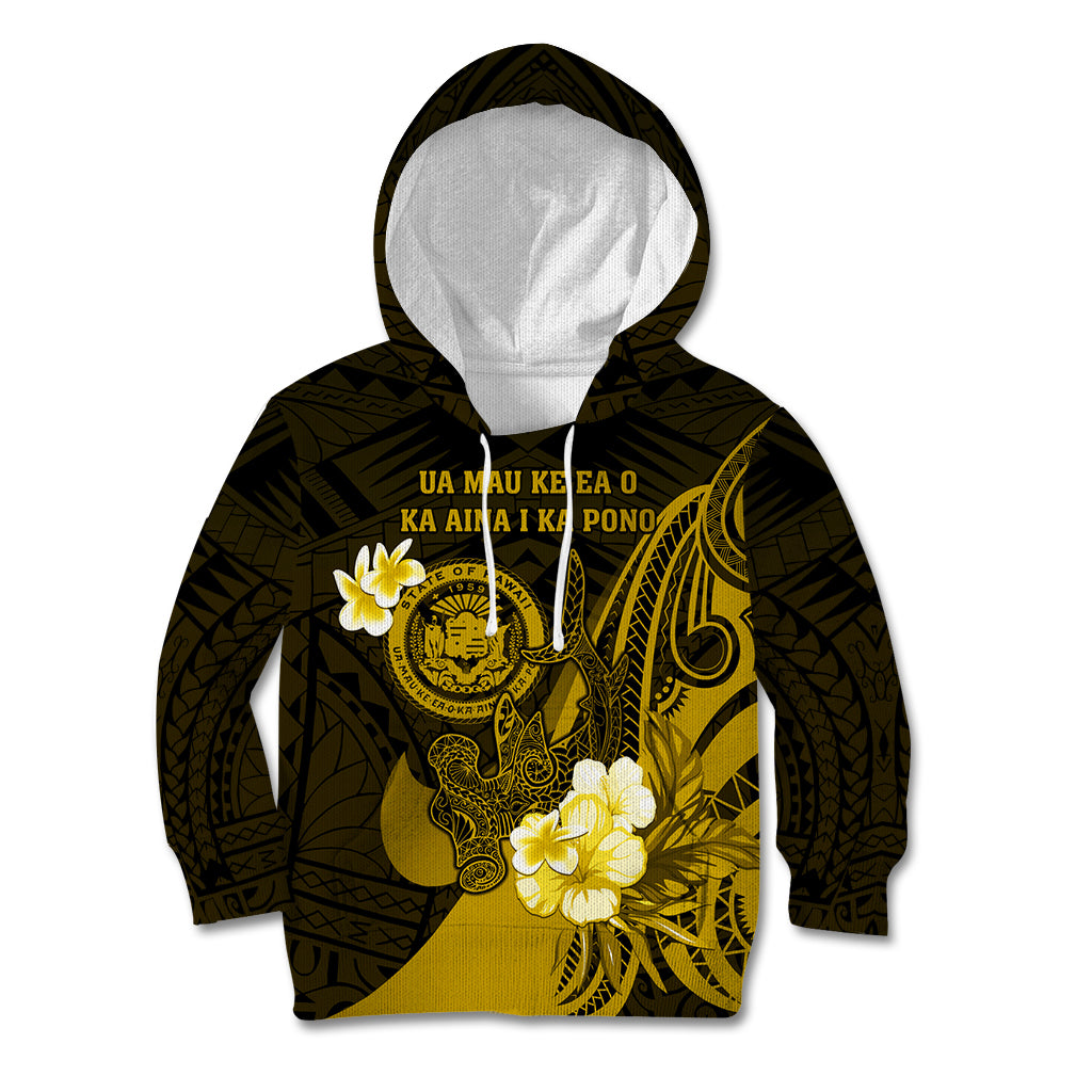 Personalised Hawaii State Motto Kid Hoodie Hawaiian Tribal Gold Hammerhead Shark LT05 Hoodie Gold - Polynesian Pride