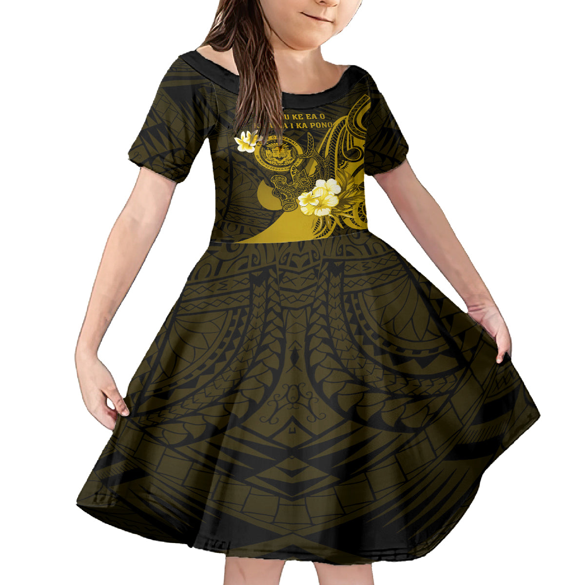 Personalised Hawaii State Motto Kid Short Sleeve Dress Hawaiian Tribal Gold Hammerhead Shark LT05 KID Gold - Polynesian Pride