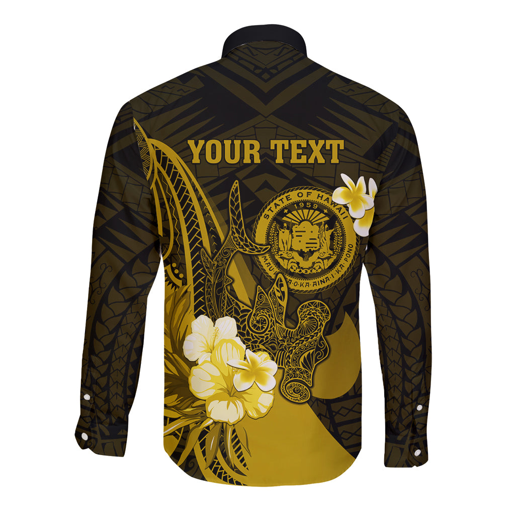 Personalised Hawaii State Motto Long Sleeve Button Shirt Hawaiian Tribal Gold Hammerhead Shark LT05 - Polynesian Pride