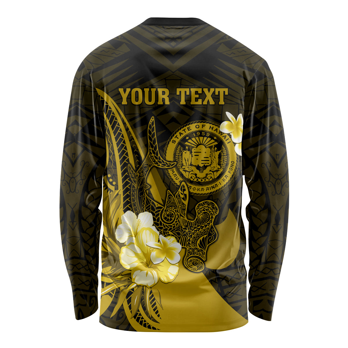 Personalised Hawaii State Motto Long Sleeve Shirt Hawaiian Tribal Gold Hammerhead Shark LT05 - Polynesian Pride