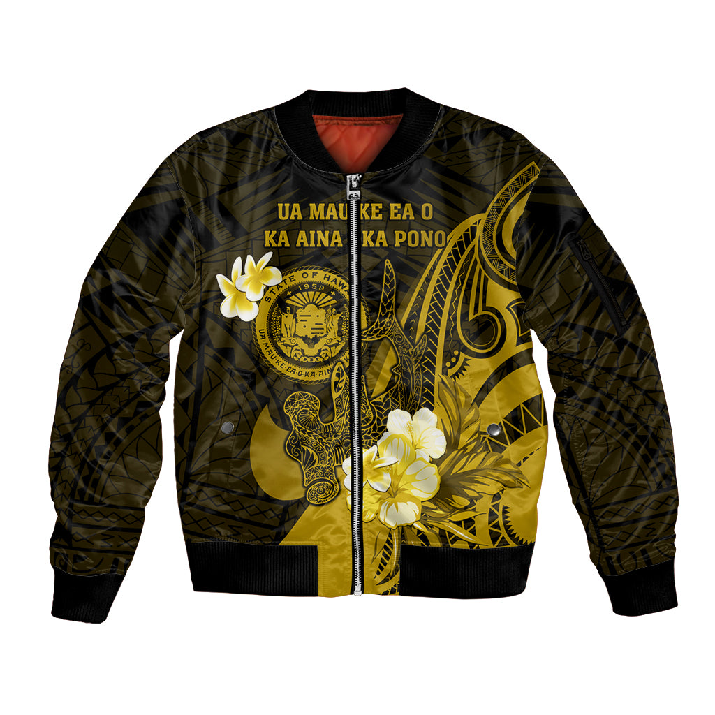 Personalised Hawaii State Motto Sleeve Zip Bomber Jacket Hawaiian Tribal Gold Hammerhead Shark LT05 Unisex Gold - Polynesian Pride