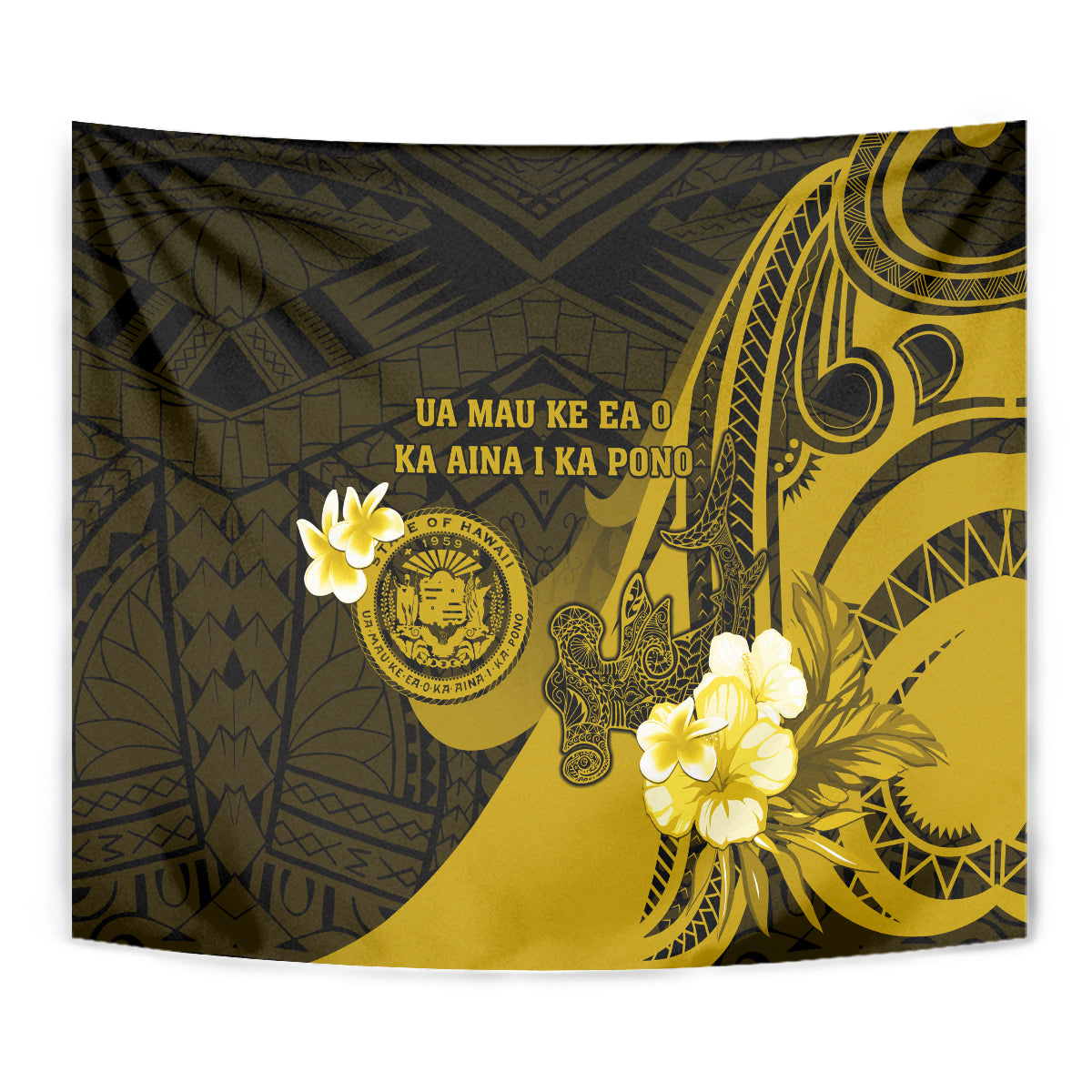 Hawaii State Motto Tapestry Hawaiian Tribal Gold Hammerhead Shark LT05 - Polynesian Pride
