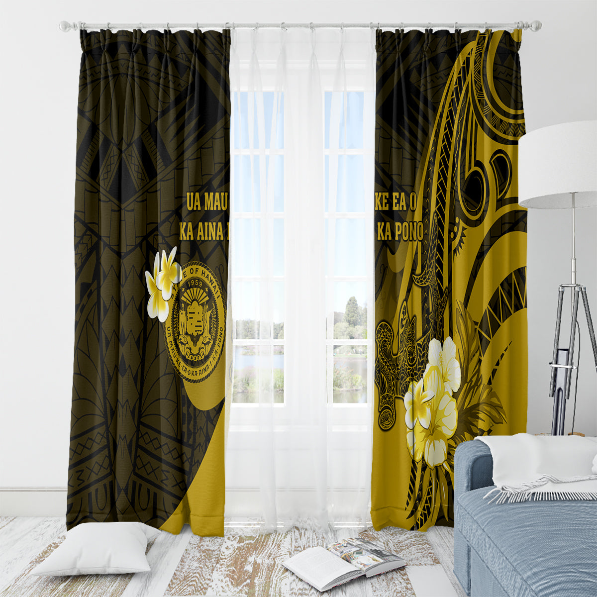 Hawaii State Motto Window Curtain Hawaiian Tribal Gold Hammerhead Shark LT05 - Polynesian Pride