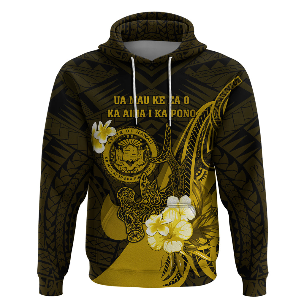Personalised Hawaii State Motto Zip Hoodie Hawaiian Tribal Gold Hammerhead Shark LT05 Pullover Hoodie Gold - Polynesian Pride