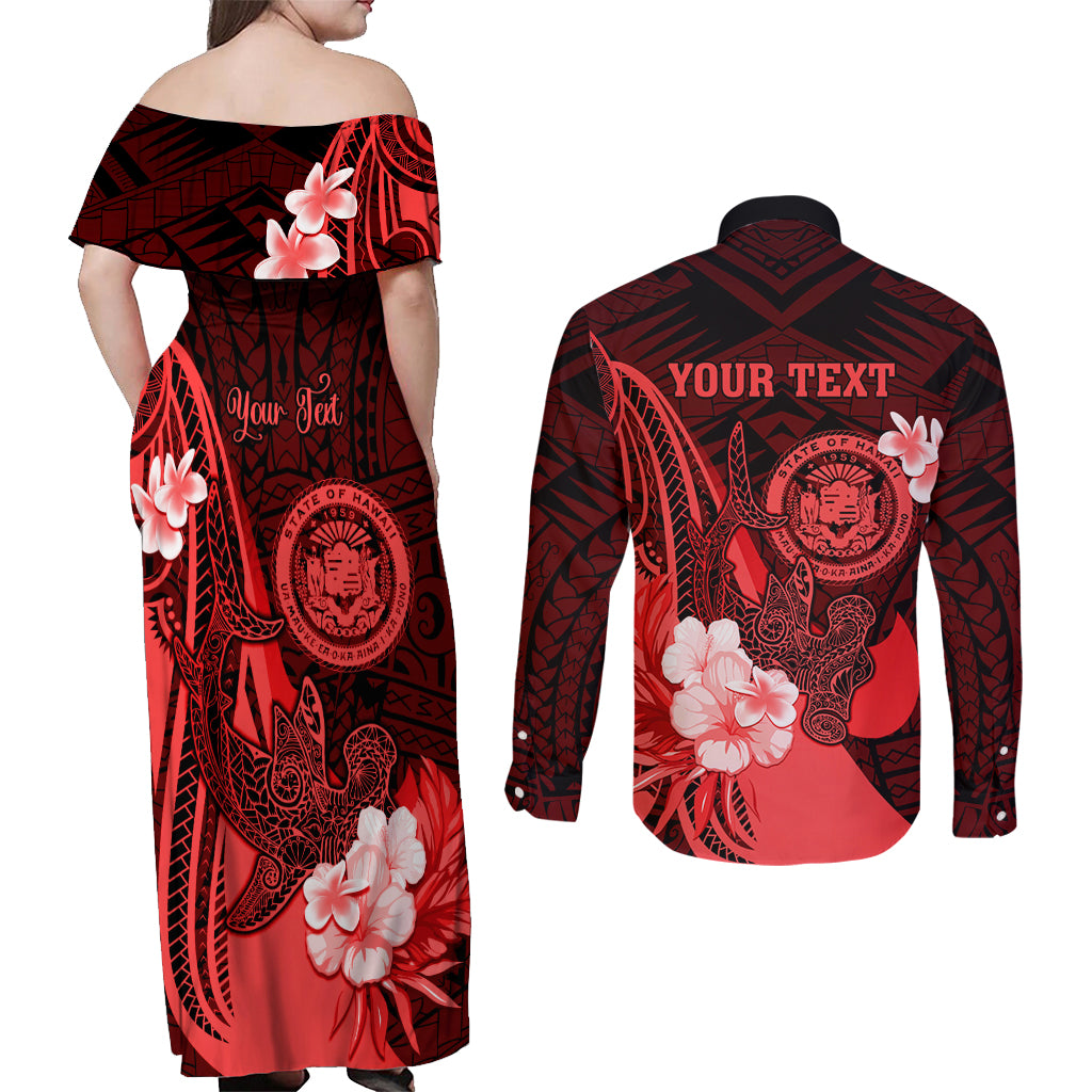 Personalised Hawaii State Motto Couples Matching Off Shoulder Maxi Dress and Long Sleeve Button Shirt Hawaiian Tribal Red Hammerhead Shark LT05 - Polynesian Pride