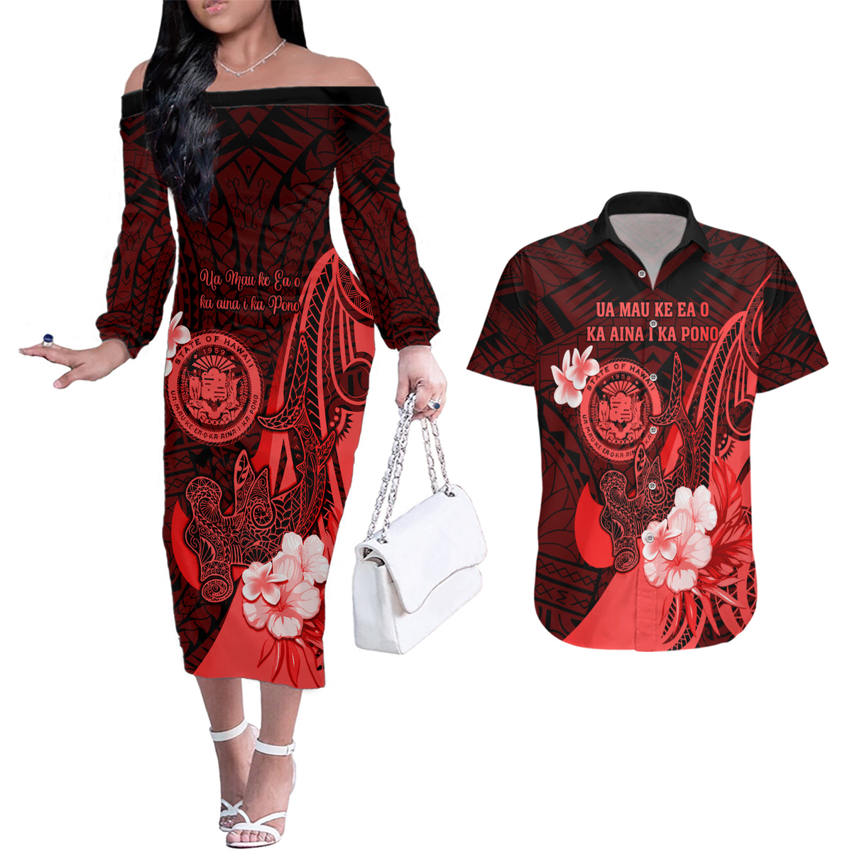 Personalised Hawaii State Motto Couples Matching Off The Shoulder Long Sleeve Dress and Hawaiian Shirt Hawaiian Tribal Red Hammerhead Shark LT05 Red - Polynesian Pride