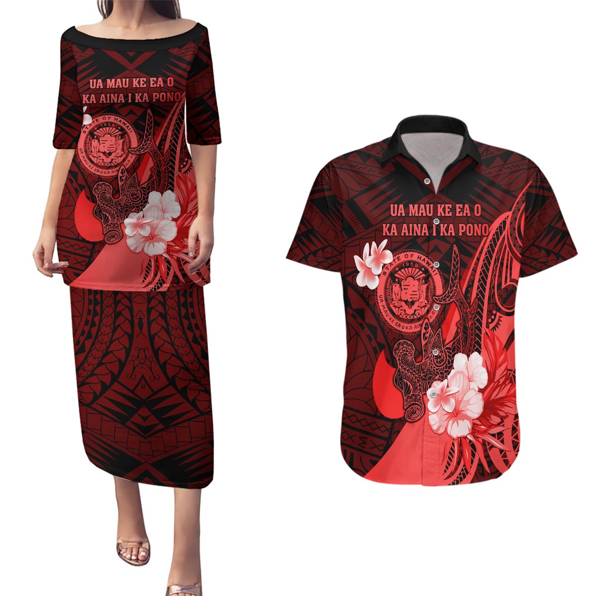 Personalised Hawaii State Motto Couples Matching Puletasi and Hawaiian Shirt Hawaiian Tribal Red Hammerhead Shark LT05 Red - Polynesian Pride