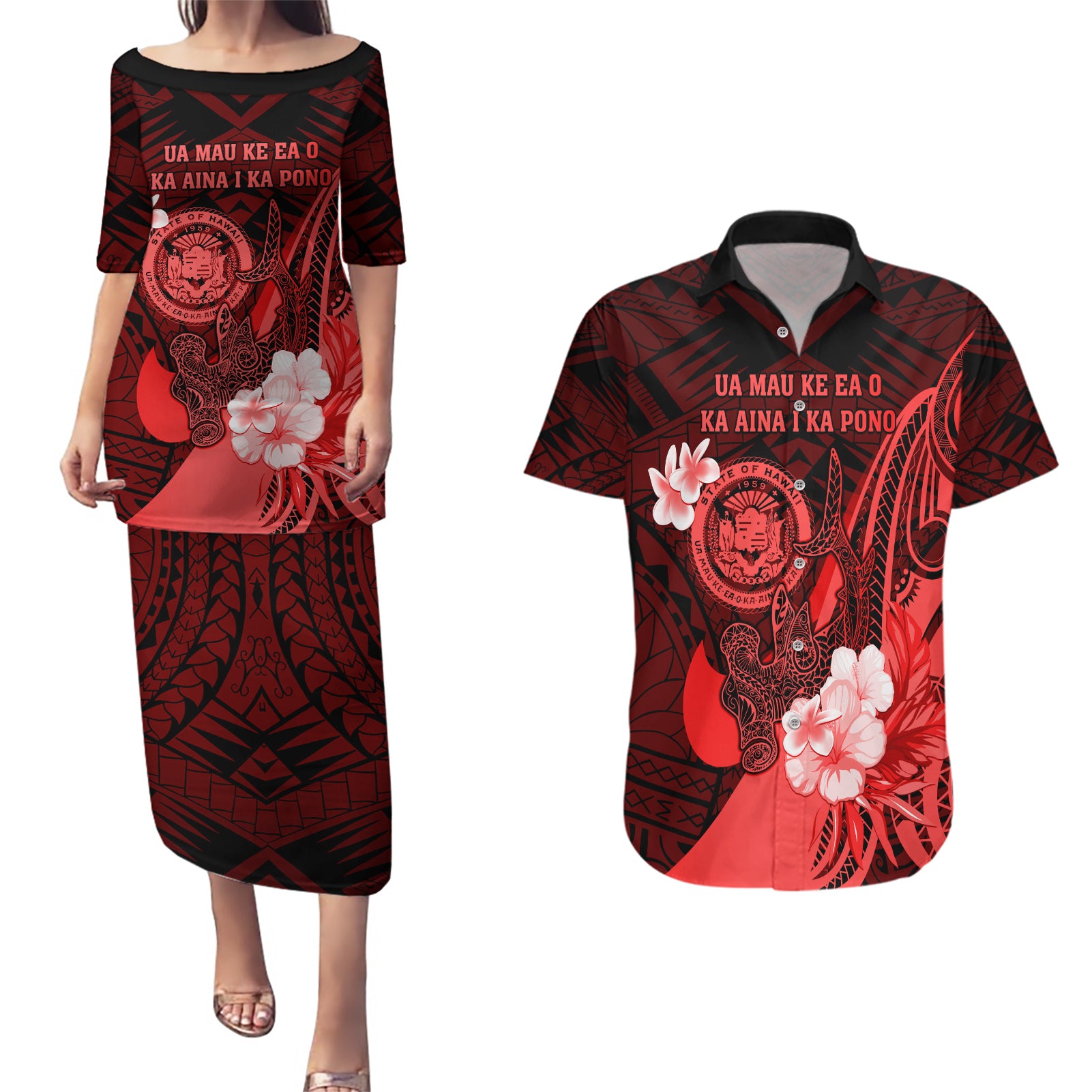 Personalised Hawaii State Motto Couples Matching Puletasi and Hawaiian Shirt Hawaiian Tribal Red Hammerhead Shark LT05 Red - Polynesian Pride