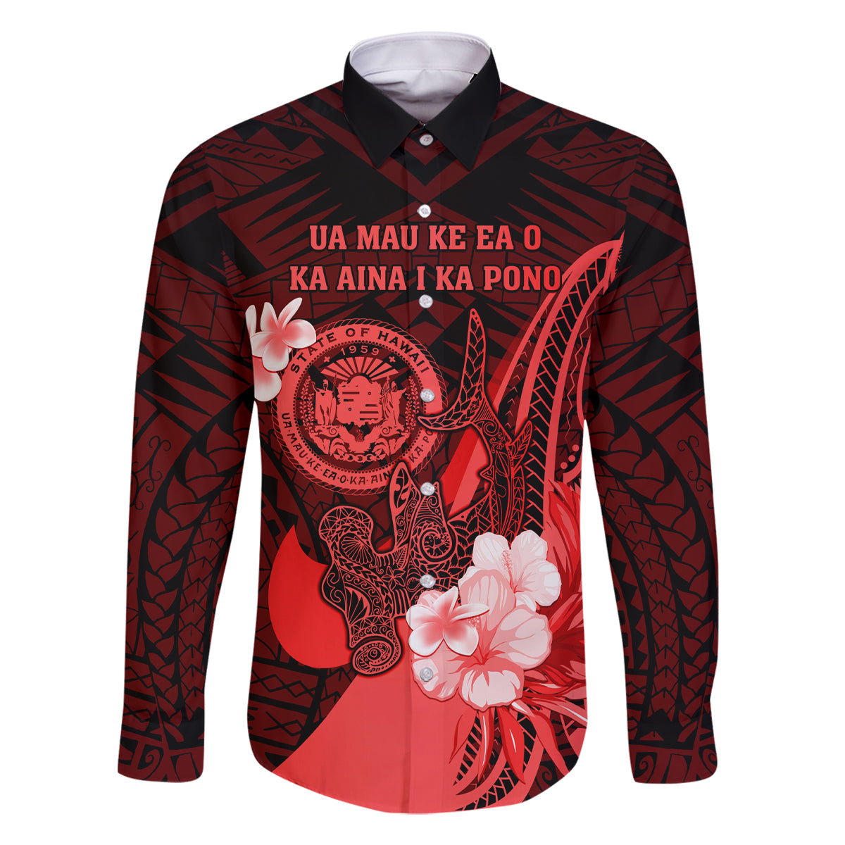 Personalised Hawaii State Motto Family Matching Off Shoulder Long Sleeve Dress and Hawaiian Shirt Hawaiian Tribal Red Hammerhead Shark LT05 Dad's Shirt - Long Sleeve Red - Polynesian Pride