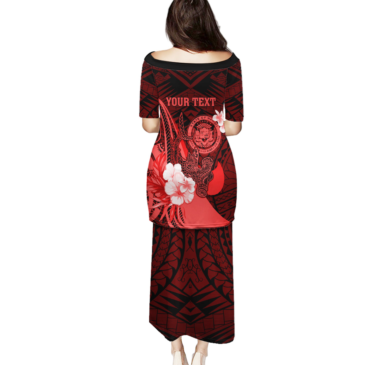 Personalised Hawaii State Motto Family Matching Puletasi and Hawaiian Shirt Hawaiian Tribal Red Hammerhead Shark LT05 - Polynesian Pride